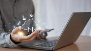 Cloud computer showing in hand, cloud technology storage data transfer internet storage network technology